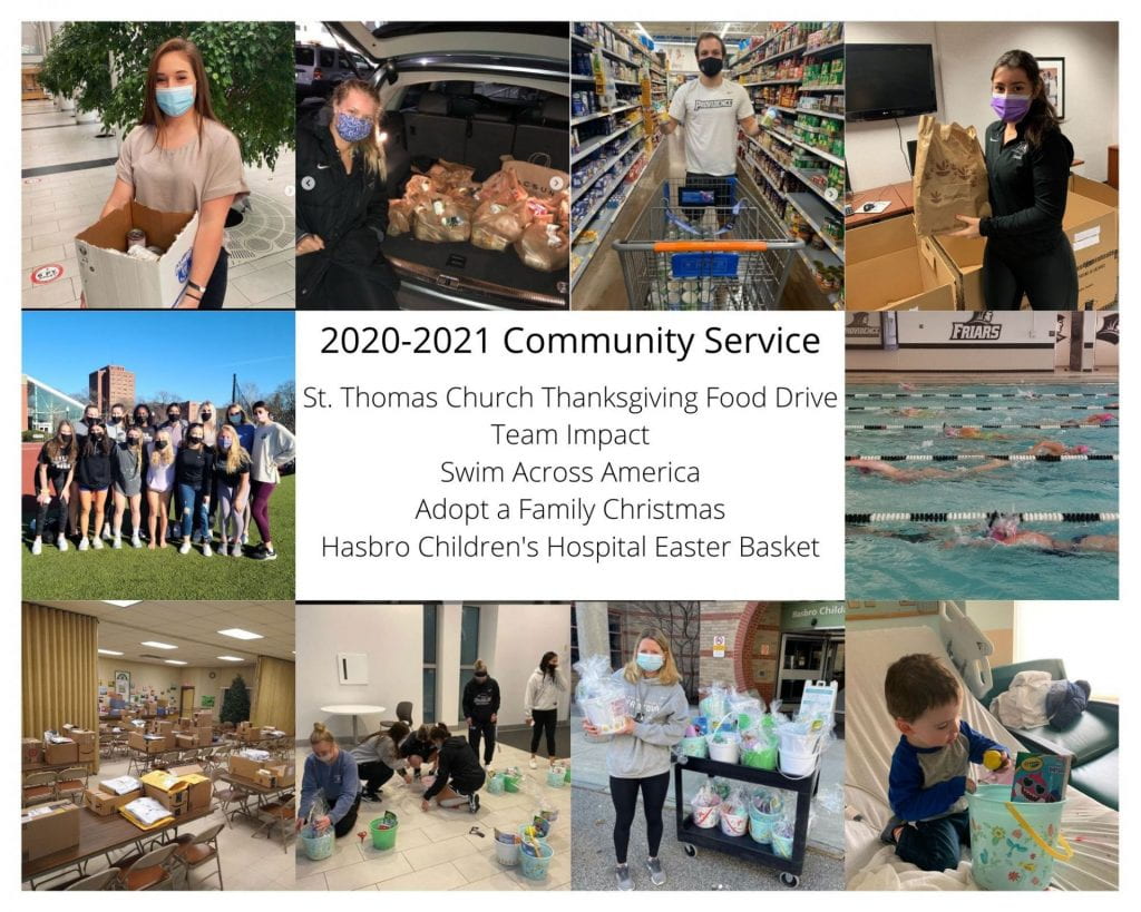 Student-athletes participating in community service opportunities with St. Thomas Church Thanksgiving Food Drive, Team Impact, Swim Across America, Adopt a Family Christmas, and Hasbro Children's Hospital Easter Basket.